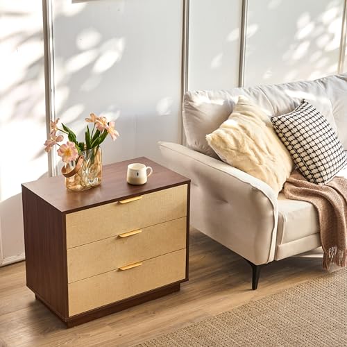 Saint Mossi Modern Nightstand with 3 Drawers, Large Rattan Night Stand, Natural Wood Bedside Table Storage Cabinet, Sofa End Tables Dresser for Living Room, Hallway, Closet, D27xW16xH23 - size: 1 Set 3 Drawer