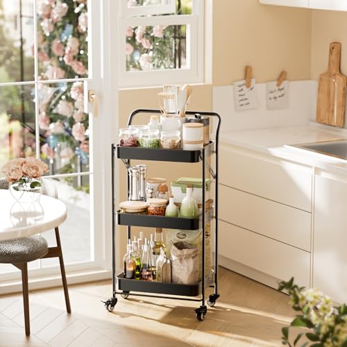 JAQ No Assembly Foldable Rolling Cart, 3 Tier Black Metal Folding Utility Cart with Handle, Heavy Duty Mobile Storage Organizer on Wheels for Office, Garage, Tools & Kitchen (Black) - color: Black/3-tier