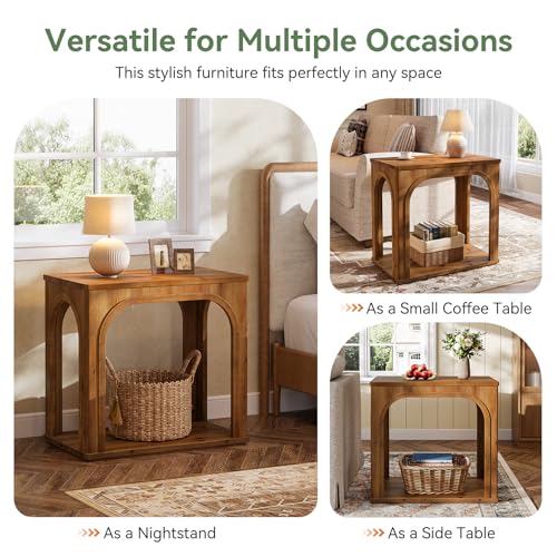 Tribesigns Arched Side Table, 2-Tier Farmhouse Solid Wood End Table with Bottom Shelf, Wooden Night Stand for Living Room, Bedroom, Rustic Brown