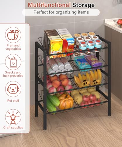 4-Tier Fruit and Vegetable Storage Rack with 8 Removable Baskets, Small Kitchen Island, Pantry Floor Organizer Stand Shelves for Snack Onion Potato Storage, Black - style: 8 Baskets-Black