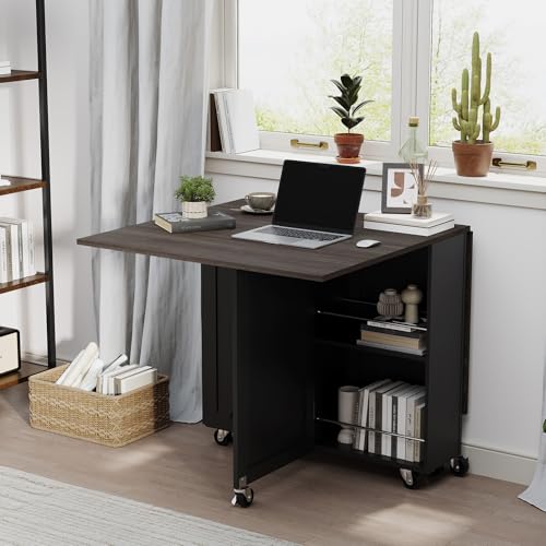 Folding Dining Table with 6 Wheels, Drop Leaf Tables for Small Spaces, Foldable Dining Table with 2-Layer Storage Rack, Kitchen Table with Drawer (Brown Wood and Black) - color: Dark Brown