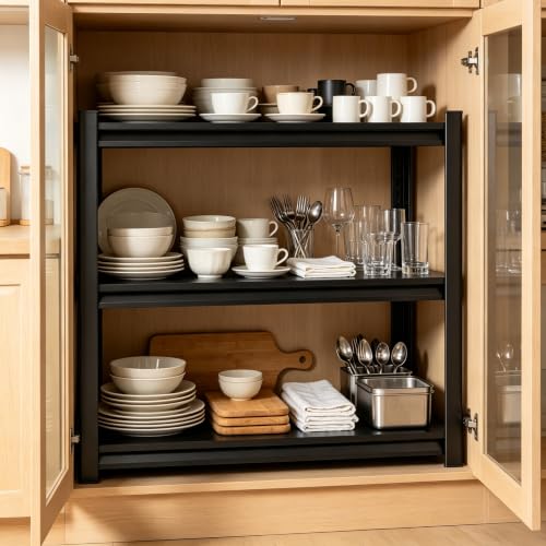 32"H x28"W Bakers Rack, 3-Tier Adjustable Kitchen Storage Rack, Highly Stable Metal Microwave Stand with Storage, 400lbs Per Tier Corner Display Shelf, Suitable for Kitchen Pantry Dinning Room, Black - size: 3T-32"H*28"W*14"D