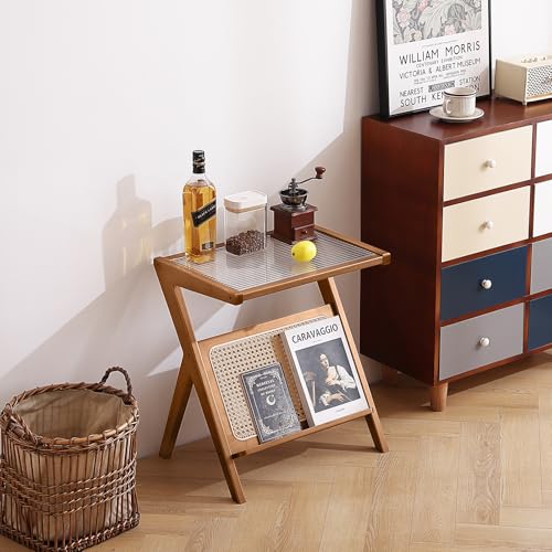 Tiita 2 Pack Rattan Side Table, Mid Century Nightstand, Bamboo Accent Bedside Tables, Glass Coffee Tables, Boho Wooden End Table with Storage for Small Space, Living Room and Bedroom - color: 2 Pack Rattan-s-brown