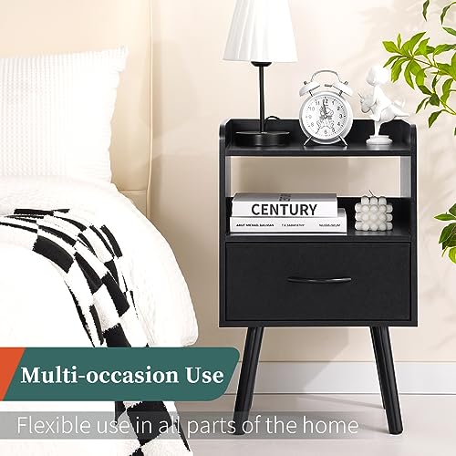 Yoobure Night Stand with Fabric Drawer, Modern Nightstand, Bedside Tables, Mid Century Nightstands with Open Storage Shelf, Wood Bedside Table, Small Night Stands for Bedrooms, 2-Tier Night Table - color: Black