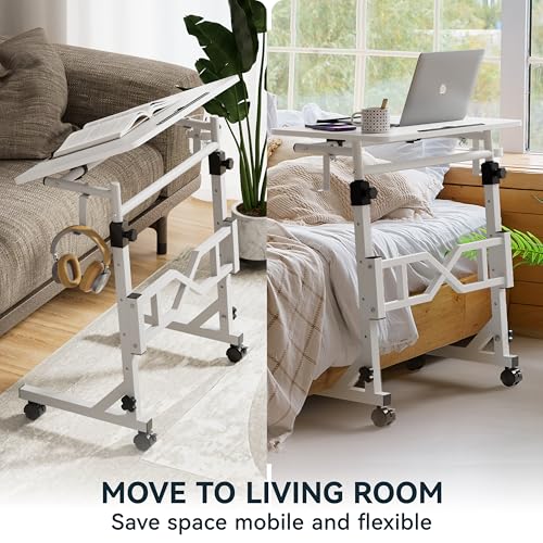 Oransail Small Standing Desk with Wheels, 29.5-45.3 Inch Adjustable Height, Portable Treadmill Desk, Rolling Computer Table for Walking Pad with a Cup Holder and a Hook - color: White