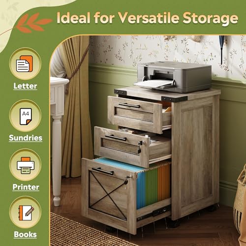 DEVAISE 3-Drawer File Cabinet with Hanging Files, Mobile Rolling Storage Cabinet for Home Office, Printer Stand, Farmhouse Style, Gray Oak - color: Gray Oak, style: 3 Drawer