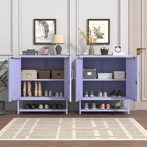 Wide 3-Tier Metal Shoe Storage Cabinet, Multifunctional Household Shoe Organizer with Adjustable Shelves for Home & Entryway Purple 33" H X 29.5" W X 13.8" D - color: Lilac, style: Cabinet-33"H-AP