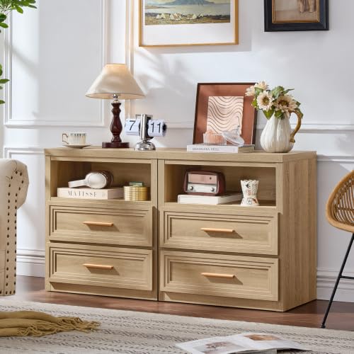 RWYHG 24'' Wide Farmhouse Night Stand with 2 Drawers,Wood Nightstand | Modern End Table Open Storage Shelf, Metal Handle, Mid-Century Bed Side Table for Bedroom, Living Room,Oak - color: Oak
