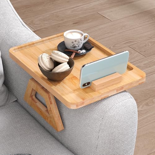 Couch Arm Tray with 360°Phone,Bamboo Folding Sofa Tray,Sofa Armrest Trays Clip-On Couch Desk for Drinks,Snacks,Phone,Remote Control(Natural) - color: Natural, style: 13.0" x 9.4"Phone Holder