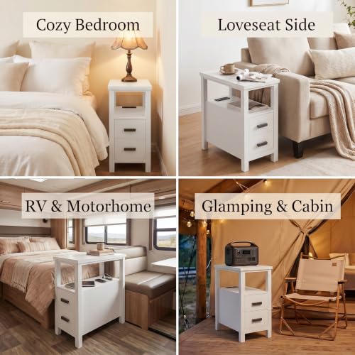 Narrow Nightstand with Charging Station, 24.4" H Slim Side Table with 2 Drawers, Bedside Table for Small Spaces, Modern End Table with Low Profile Legs (White) - color: White