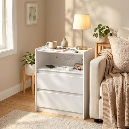 24" Tall Nightstand with Charging Station Including USB-C, Modern Bedside Table and Sofa End Table - White, 2 Drawers, 1-Pack - color: White, size: 1-Pack, style: 2 Drawers
