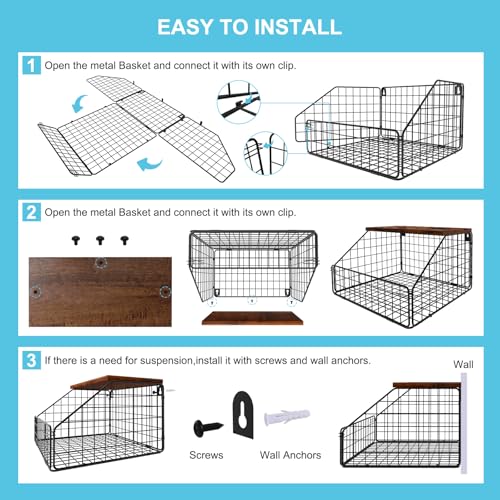 MSJGA Laundry Room Shelves Wall Mounted with Storage Basket - Farmhouse Stackable Wire Wall Shelves Organizer for Towels, Detergent, Tissues | Space-Saving Over Washer & Dryer(11.8" Wx12 Dx8.5 H) - size: 12"D