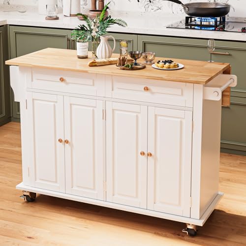 Kitchen Island with Drop Leaf, Rolling Mobile Kitchen Island on Wheels with Drawer and Storage Cabinet, Spice Rack, Towel Bar, White - size: 51.2" W, style: White