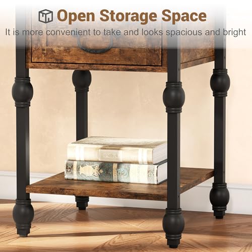GarveeHome End Table, Industrial Side Table with Storage, 2 Tiers Nightstand with Drawer, Featured Bedside for Bedroom, Living Room and Small Space, Retro Brown