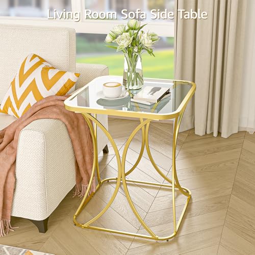19.68" Square End Table with Tempered Glass Top, Stylish X-Shaped Metal Frame, Living Room Coffee Table, Sofa Side Table, Accent Tables for Small Spaces, Modern Bedside Table (Gold) - color: Gold, style: Style 2