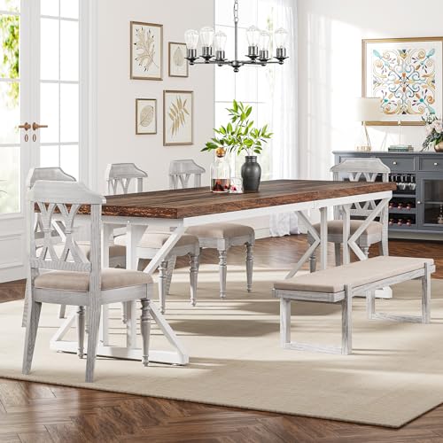 Tribesigns Farmhouse Dining Table for 6-8 People, 78.7-Inch Rectangular Wood Dining Table, Rustic Kitchen Table with Heavy Duty Metal Legs for Dining Room - color: Rustic Brown/White