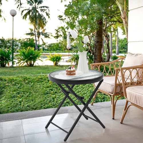 Folding Outdoor Side Table -Patio End Bistro Tables Portable Small 17.5" Round Tempered Glass Top Waterproof Dining Coffee Metal Black - color: Transparent-round