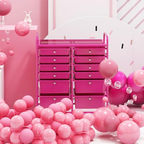 DREAMADE Rolling Cart with Storage Drawers, Utility Cart with Removable Plastic Drawers, Lockable Wheels, Art Cart for Classroom Organization Art Supplies Office Scrapbook (12 Drawers, Hot Pink) - color: Hot Pink, style: 12 Drawers