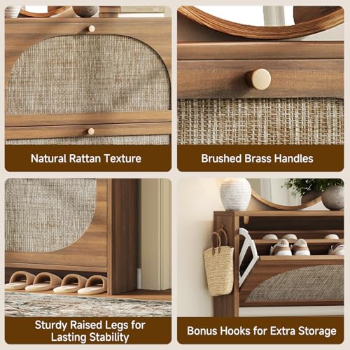 Nicetree Freestanding Ultra Slim Arched Rattan Accent Shoe Storage Cabinet for Entryway - 4 Flip Drawers & 3-Tier Adjustable Shelves, Farmhouse Modern Rustic Shoe Rack for Hallway, Foyer Oak - color: Caramel
