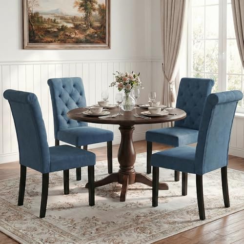 LSSBOUGHT Upholstered Dining Chairs Set of 6,Tufted Parsons Kitchen Chair with Solid Wood Legs, Modern Towel Fabric Side Chair for Dining Room/Restaurant(6pcs,Blue) - color: Blue-fabric, size: Set of 6