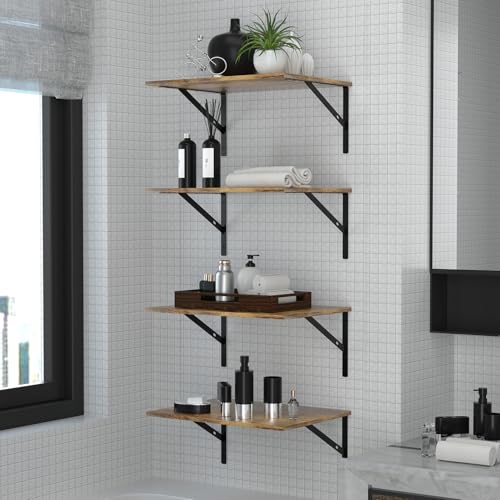 Deep Floating Wall Shelves - 4 Sets of 12 Inch Wide Rustic Brown Wood Shelves for Bathroom, Bedroom, Kitchen, Living Room - color: Rustic Brown Shelves