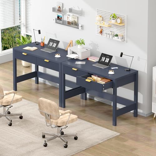 YOMILUVE Fluted Computer Desk with 2 Drawers, 39 Inch Small Computer Desk with Storage, Compact Writing Study Desk for Small Spaces, Blue - color: Blue
