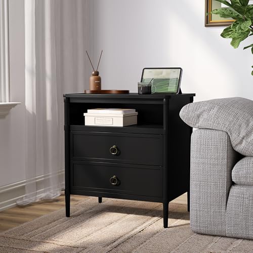 Nightstand, Mid Century Modern Night Stand with 2 Drawers and Open Shelf, Beside Table with Distressed Ring Handle for Bedroom - color: Black
