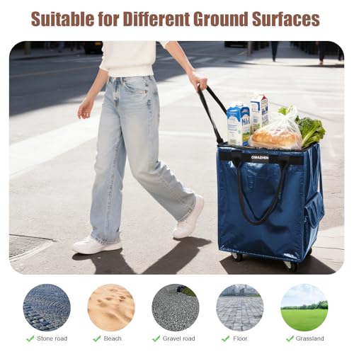 Reusable Grocery Bag Tote Bag with Wheels, Foldable Rolling Tote Bag with 3 Handles and Zipper - color: Navy Blue, size: Medium