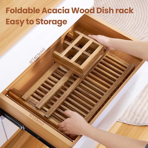 NOVAYEAH Acacia Wooden Dish Drying Rack for Kitchen Counter 2-Tier Collapsible Bmaboo Dish Drying Rack with Utensil Holder-Large Folding Dish Drainer Rack with Flatware Holder 34 pcs Grid - color: 2-tier (Acacia Wood)