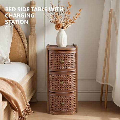Narrow End Table Set of 2, Metal Rattan Side Table with Storage, Narrow Charging Nightstand with 3 Drawer for Bedroom Bedside, Living Room Couch Sofa, Desk Side Table for Small Spaces - Walnut - size: Drawer Walnut-set