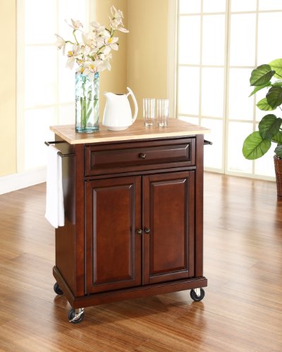 Crosley Furniture Compact Wood Top Small Rolling Cart with Shelves, Microwave Stand with Towel Rack, Mahogany - color: Mahogany, style: Natural Wood Top