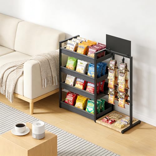 4-Tier Snack Organizer with 20 Clips, Snack Rack with Message Board | Modern Industrial Snack Cart for Kitchen Office Store Party Countertop, Matte Black Metal & Oxford Fabric Snack Storage