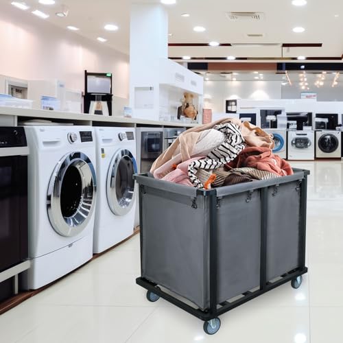 Commercial Laundry Cart with Wheels,600lbs Gray | 400L Large Commercial Laundry Hamper,Steel Frame and Oxford Cloth Bag,Industrial Laundry Cart for Hotel,Laundry Room - color: Gray