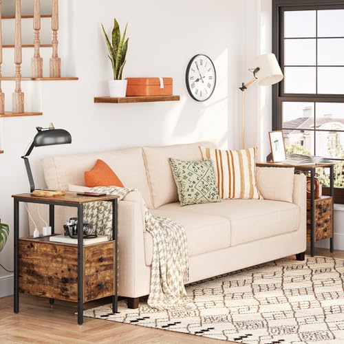 HOOBRO End Table with Charging Station, Narrow Side Table with 2 Drawer & USB Ports & Power Outlets, Nightstand for Small Spaces, for Living Room, Bedroom, Rustic Brown and Black BF541BZ01 - color: Rustic Brown + Black