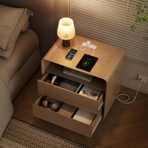 Nasonet Modern Nightstand with Charging Station, Wood End Tables Bedroom Nightstands with Drawers, Wide Curved Bedside Table for Kids Bedroom, Living Room, Oak - color: Oak, size: 2 Drawers