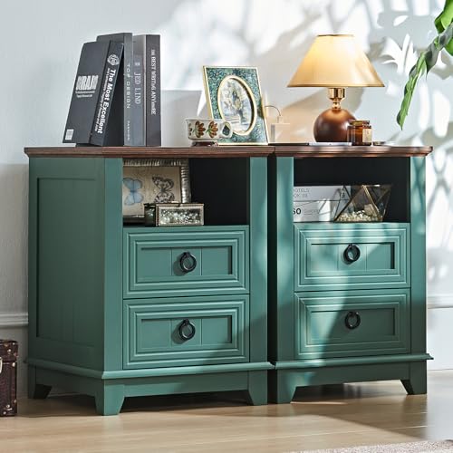 Joaxswe 18" Farmhouse Night Stand with Charging Station, 2 Drawers Bedside End Table, Green Wooden Nightstand, Bed Side Table Cabinet with Open Shelf for Bedroom Living Room Office - color: Green Set 1, size: 2 Drawers