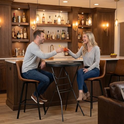 pollilar Cocktail Table 28in Portable Folding Bar Height Table, Compact Round High Top Plastic & Steel Bistro with Removable Legs, Indoor Outdoor RV Patio Catering Parties Commercial Events-Black - color: Black