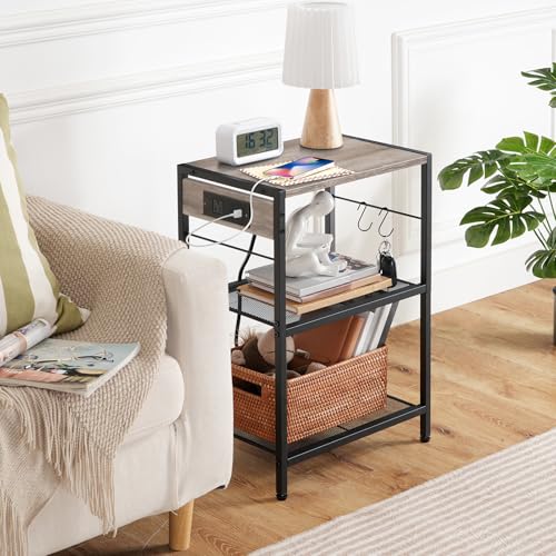 HOOBRO Industrial Printer Stand, 3-Tier Mobile Printer Table, Rolling Cart with Power Outlets and USB Ports, Home Printer Stand with 2 Hooks, for Office, Living Room, Greige and Black BG22UPS01 - color: Greige + Black