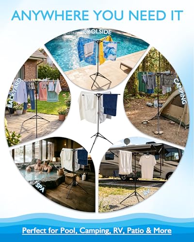 Pool Towel Rack Outdoor, 4 Arms Adjustable 51-71 Inch Freestanding Foldable Drying Rack for Pool, Camping, Backyard, Rust-Resistant Steel, Holds Towels & Swim Gear