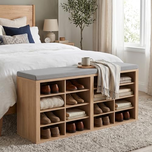 ITEFDTUTNE Shoe Rack Bench 40.94" Entryway Bench with Shoe Storage 16 Cubby Wood Shoe Organizer Bench with Removable Cushion for Hallway, Living Room, Bedroom and Garage - color: Natural Wood + Light Gray