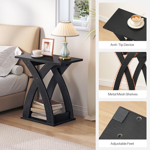 HOOBRO End Table Living Room Set of 2, Narrow Side Table for Small Spaces, Black 3 Tier End Table with Storage Shelf, X-Design Slim Nightstand Bedside Table, Living Room, Bedroom, Black BK356BZP201