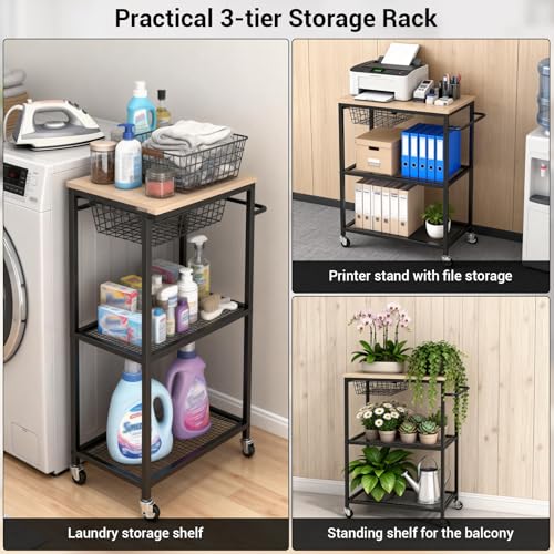 Rolling Kitchen Microwave Cart, 3 Tier Microwave Table Stand with Storage, Kitchen Utility Cart on Lockable Wheels, Small Coffee Cart Shelf Rack Organizer for Kitchen Island Coffee Bar Office Black