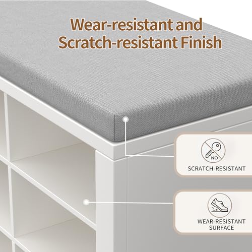 AMONIDA Shoe Storage Bench with Cushion, Entryway Bench with 16 Cubbies, 4-Tier Organizer Bench with Removable Dividers for Hallway Living Room - color: White + Light Grey