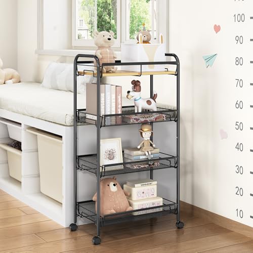 TOOLF 4-Tier Rolling Cart, Metal Utility Cart, Slide Out Storage Cart with Wooden Tabletop and Mesh Baskets, Easy Assemble Trolley for Kitchen Bathroom Laundry Room Bedroom Apartments Dormitory - size: Wide, style: Black