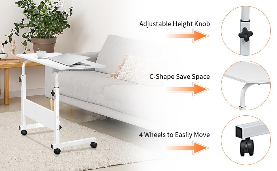 Karl home Mobile Side Table 31.5 inch Computer Desk with Wheels Height Adjustable Rolling Potable Laptop Cart, C-Shaped Bed Couch Sofa End Tables with Edge Stopper for Livingroom Bedroom, White - color: White, size: 31.5"+No Power Sockets