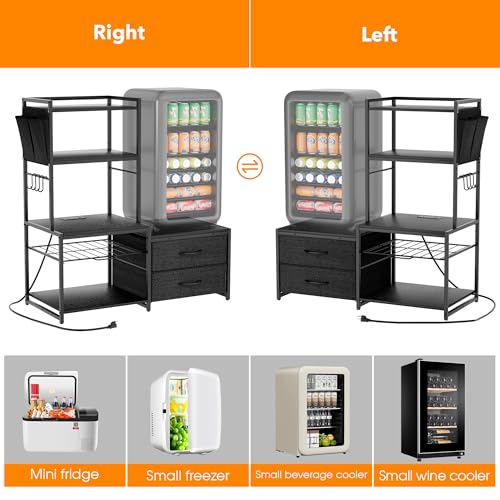 POZILAN 47" Adjustable Mini Fridge Stand with Storage, 5-Tier Mini Fridge Shelf with Power Outlet, Sturdy Coffee Bar Station with Pod Storage, Microwave Stand for Dorm, Office, Kitchen, Black