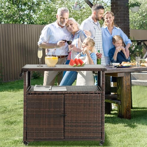 HOMEFUN Outdoor Bar Cart with Storage Cabinet - Outside Bar Table with Wheels Wicker Grill Carts Patio Kitchen Island Table Weatherproof Prep Stand, Brown - color: 09-brown