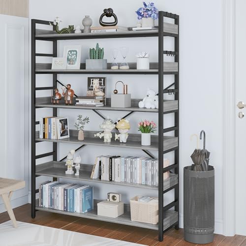 HCHQHS Bookshelf, Adjustable Industrial Bookcase, Vertical Tall Book Shelf, Wood and Black Metal Open Bookshelves for Home Office, Living Room, Bedroom (Grey, 6-Tier (47" W x 70" H)) - color: Grey, size: 6-Tier (47"W x 70"H)
