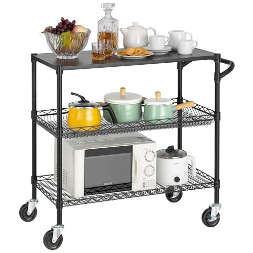 Finnhomy 3 Tier Heavy Duty Commercial Grade Utility Cart with Wood Top, Wire Rolling Cart with Wheels and Handle Bar, Kitchen Carts on Wheels, 18x36x35.4 H Metal Cart with 600 LBS Capacity, Black - style: 36“L Black