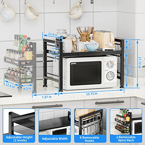 YIUKEA Extendable Microwave Oven Rack - Over Microwave Shelf Countertop 2 Tier Kitchen Microwave Stand (L15.7~23.6" xW12.8 xH17.7) with Spice Rack and 6 Hooks Black - color: Black with Spice Rack